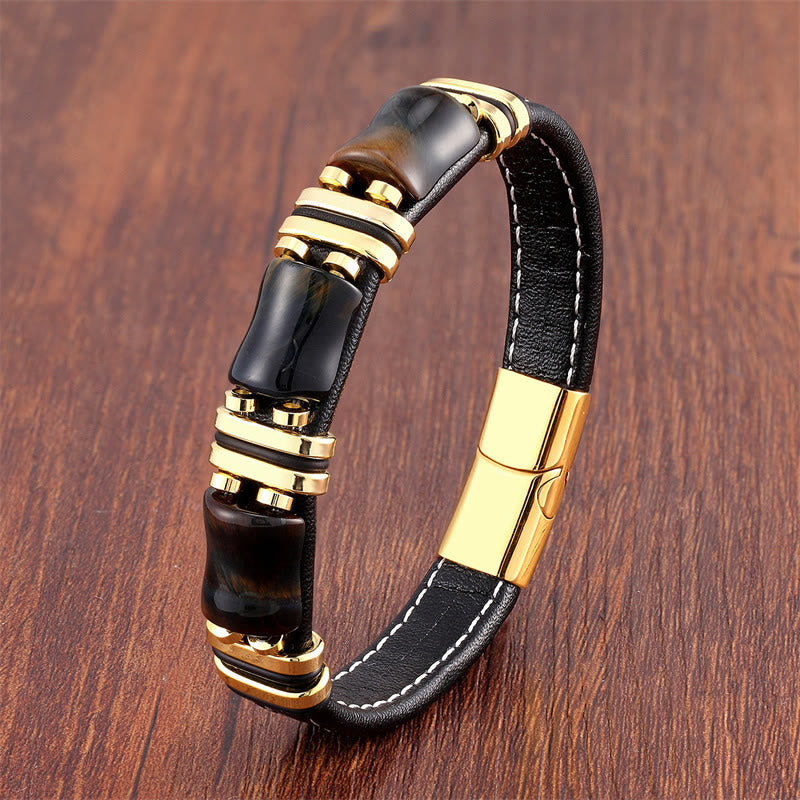 Bracelet en cuir avec trois pierres de protection en bambou et œil de tigre et Buddha Stones - Œil de tigre jaune-noir-or - 18-22 cm - image 8