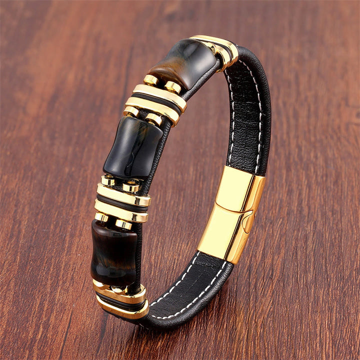 Bracelet en cuir avec trois pierres de protection en bambou et œil de tigre et Buddha Stones - Œil de tigre jaune-noir-or - 18-22 cm - image 8