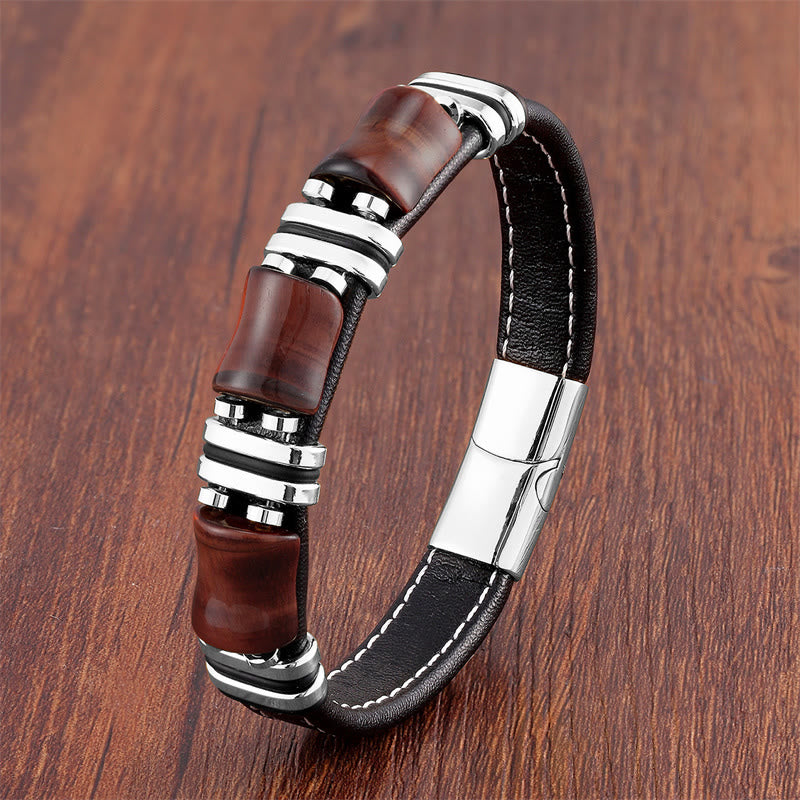 Bracelet en cuir avec trois pierres de protection en bambou et œil de tigre et Buddha Stones - Œil de tigre marron-rouge-argenté - 18-22 cm - image 9