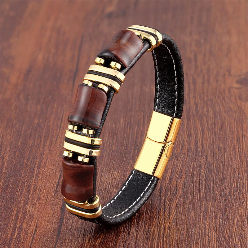Bracelet en cuir avec trois pierres de protection en bambou et œil de tigre et Buddha Stones - Œil de tigre marron-rouge-doré - 18-22 cm - image 10