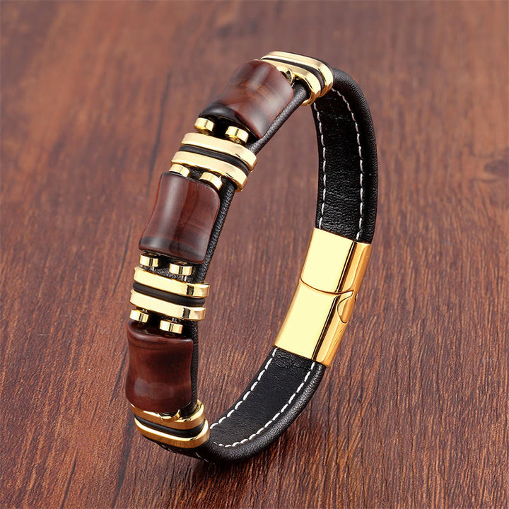 Bracelet en cuir avec trois pierres de protection en bambou et œil de tigre et Buddha Stones - Œil de tigre marron-rouge-doré - 18-22 cm - image 10