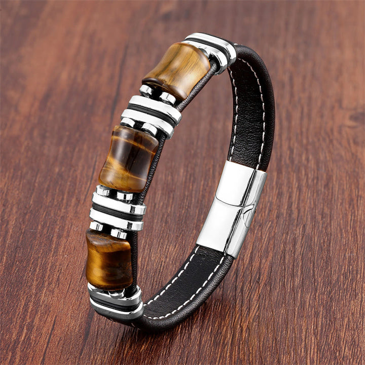 Bracelet en cuir avec trois pierres de protection en bambou et œil de tigre et Buddha Stones - Œil de tigre jaune-argent - 18-22 cm - image 12