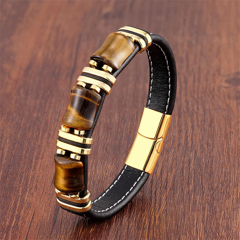 Bracelet en cuir avec trois pierres de protection en bambou et œil de tigre et Buddha Stones - Œil de tigre jaune-or - 18-22 cm - image 13