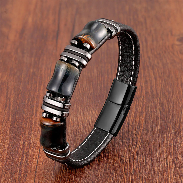 Bracelet en cuir avec trois pierres de protection en bambou et œil de tigre et Buddha Stones - Œil de tigre jaune-noir-noir - 18-22 cm - image 14