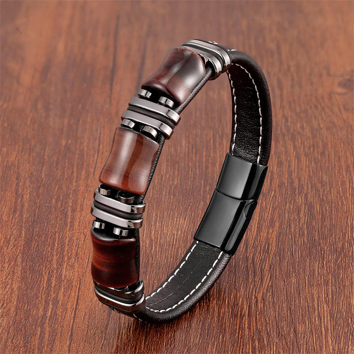 Bracelet en cuir avec trois pierres de protection en bambou et œil de tigre et Buddha Stones - Œil de tigre marron-rouge-noir - 18-22 cm - image 15