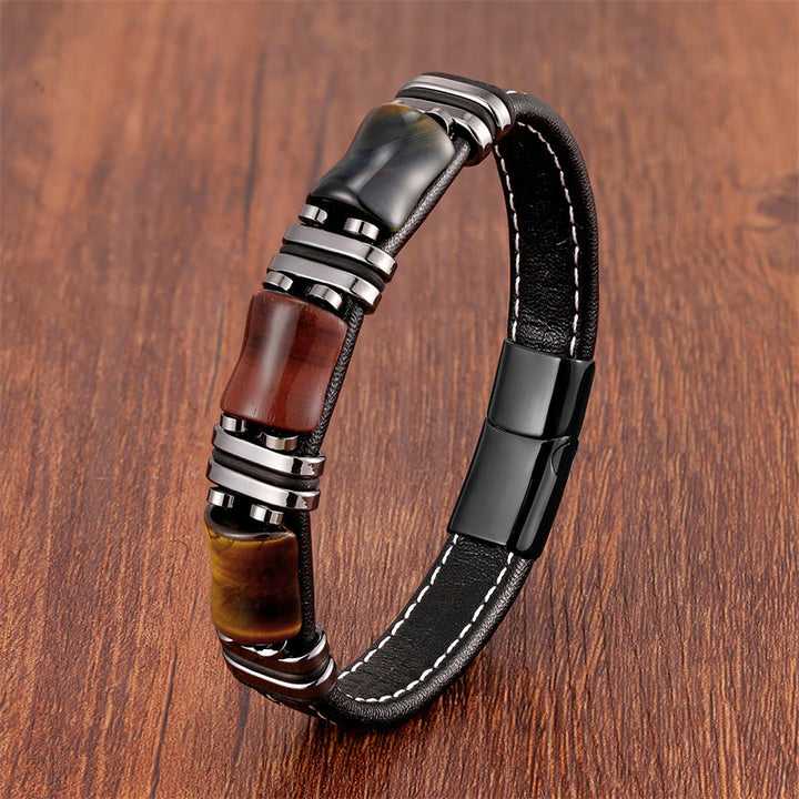 Bracelet en cuir avec trois pierres de protection en bambou et œil de tigre et Buddha Stones - Œil de tigre jaune-marron-rouge-noir-noir - 18-22 cm - image 16