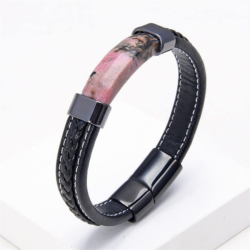 Bracelet en cuir avec Buddha Stones, lazurite, œil de tigre, rhodonite, hématite, onyx noir - Rhodonite - 18-22 cm - image 6