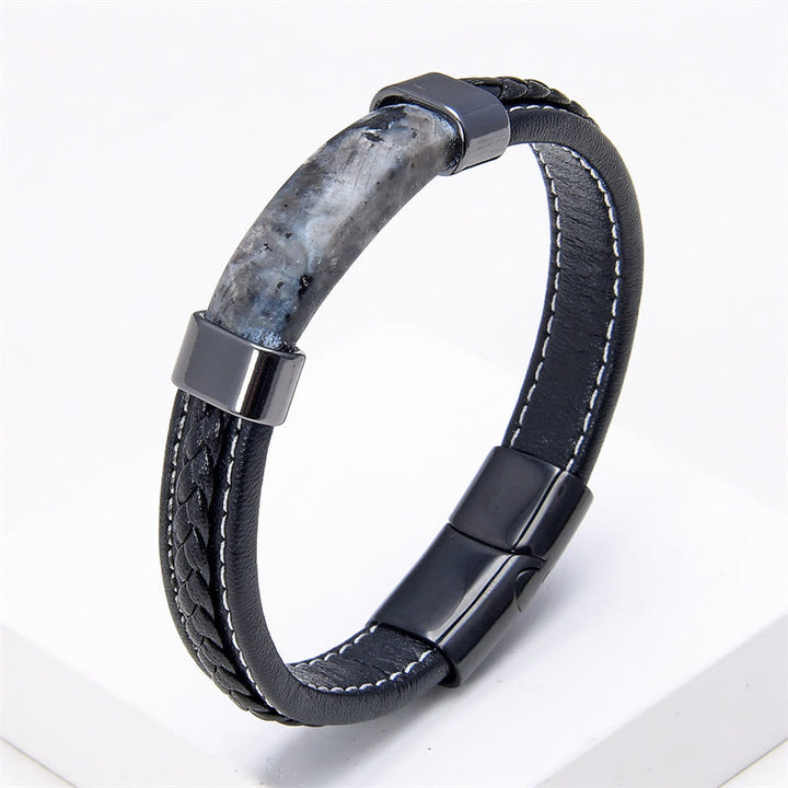 Bracelet en cuir avec Buddha Stones, lazurite, œil de tigre, rhodonite, hématite, onyx noir - Pierre noire scintillante - 18-22 cm - image 14