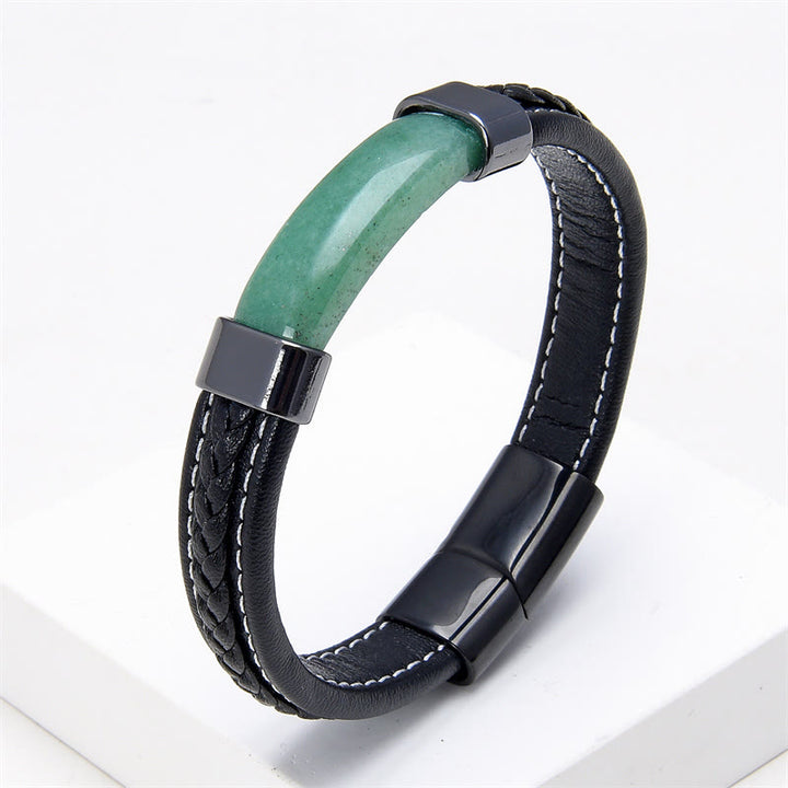 Bracelet en cuir avec Buddha Stones, lazurite, œil de tigre, rhodonite, hématite, onyx noir - Aventurine verte - 18-22 cm - image 10