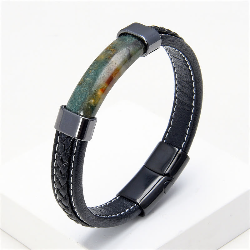 Bracelet en cuir avec Buddha Stones, lazurite, œil de tigre, rhodonite, hématite, onyx noir - Agate verte - 18-22 cm - image 16