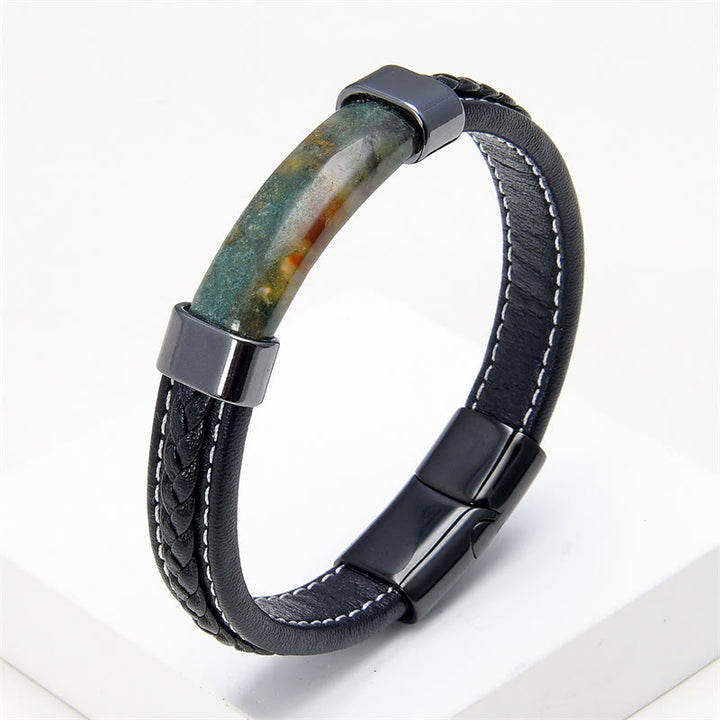 Bracelet en cuir avec Buddha Stones, lazurite, œil de tigre, rhodonite, hématite, onyx noir - Agate verte - 18-22 cm - image 16