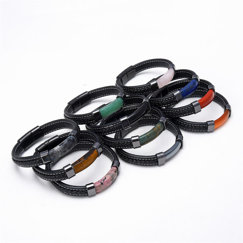 Bracelet en cuir avec Buddha Stones, lazurite, œil de tigre, rhodonite, hématite, onyx noir - image 2