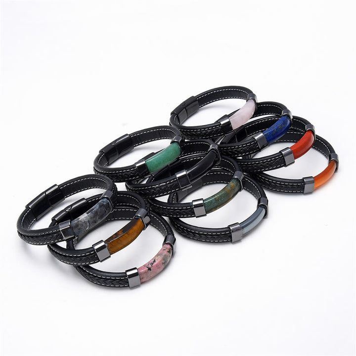 Bracelet en cuir avec Buddha Stones, lazurite, œil de tigre, rhodonite, hématite, onyx noir - image 2