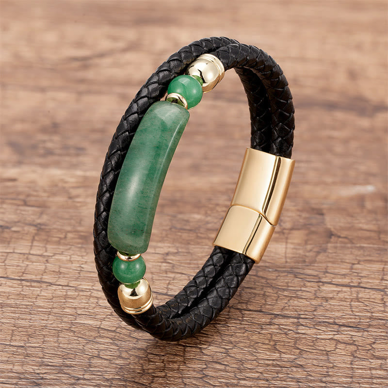 Bracelet porte-bonheur en cuir avec boucle magnétique et Buddha Stones, aventurine verte, œil de tigre, agate verte, onyx noir, hématite - Or - Aventurine verte - 18-22 cm - image 1