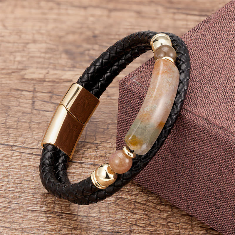 Bracelet porte-bonheur en cuir avec boucle magnétique et Buddha Stones, aventurine verte, œil de tigre, agate verte, onyx noir, hématite - Or - Agate - 18-22 cm - image 7