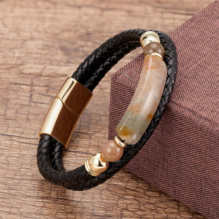 Bracelet porte-bonheur en cuir avec boucle magnétique et Buddha Stones, aventurine verte, œil de tigre, agate verte, onyx noir, hématite - Or - Agate - 18-22 cm - image 7