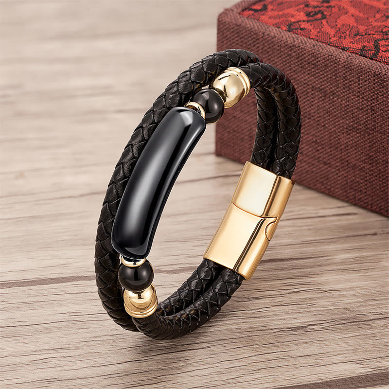 Bracelet porte-bonheur en cuir avec boucle magnétique et Buddha Stones, aventurine verte, œil de tigre, agate verte, onyx noir, hématite - Or - Onyx noir - 18-22 cm - image 9