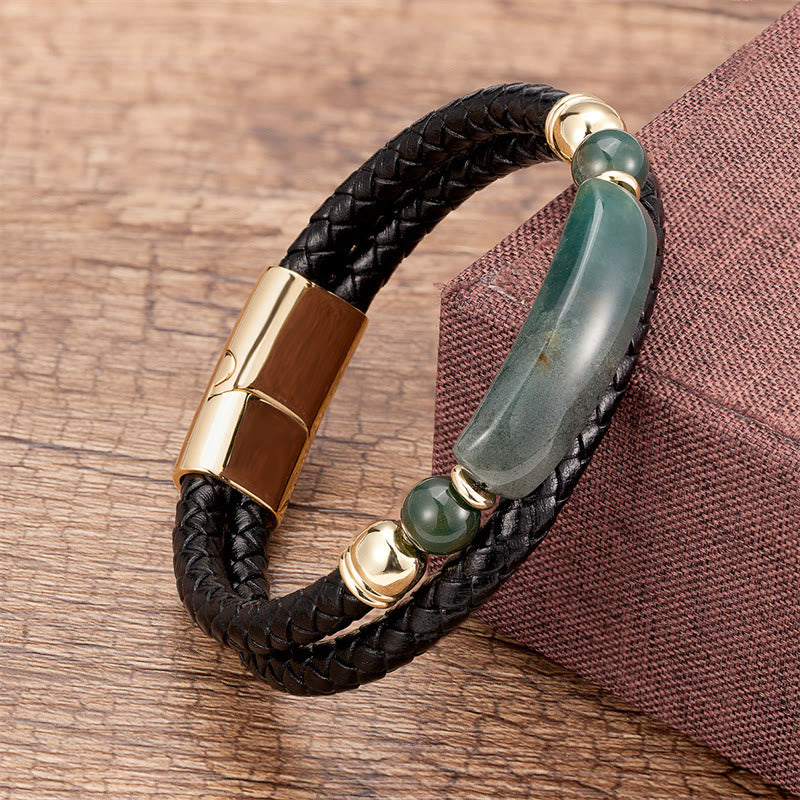 Bracelet porte-bonheur en cuir avec boucle magnétique et Buddha Stones, aventurine verte, œil de tigre, agate verte, onyx noir, hématite - Or - Agate verte - 18-22 cm - image 13