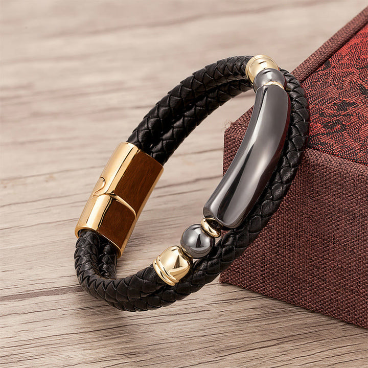 Bracelet porte-bonheur en cuir avec boucle magnétique et Buddha Stones, aventurine verte, œil de tigre, agate verte, onyx noir, hématite - Or - Hématite - 18-22 cm - image 17