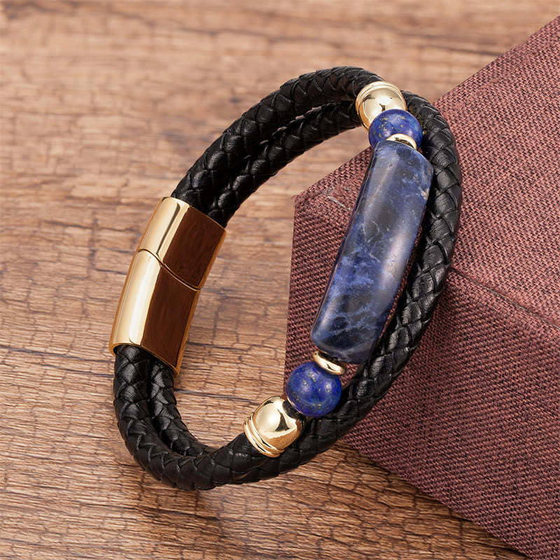 Bracelet porte-bonheur en cuir avec boucle magnétique et Buddha Stones, aventurine verte, œil de tigre, agate verte, onyx noir, hématite - Or - Lazurite - 18-22 cm - image 20