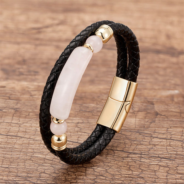 Bracelet porte-bonheur en cuir avec boucle magnétique et Buddha Stones, aventurine verte, œil de tigre, agate verte, onyx noir, hématite - Or - Quartz rose - 18-22 cm - image 23