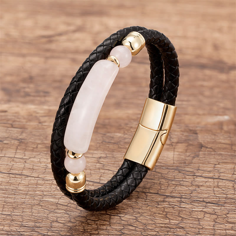 Bracelet porte-bonheur en cuir avec boucle magnétique et Buddha Stones, aventurine verte, œil de tigre, agate verte, onyx noir, hématite - Or - Quartz rose - 18-22 cm - image 24