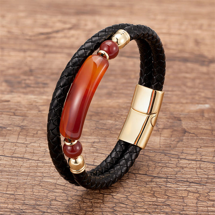 Bracelet porte-bonheur en cuir avec boucle magnétique et Buddha Stones, aventurine verte, œil de tigre, agate verte, onyx noir, hématite - Or - Agate rouge - 18-22 cm - image 27