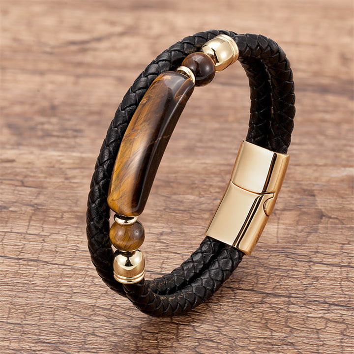 Bracelet porte-bonheur en cuir avec boucle magnétique et Buddha Stones, aventurine verte, œil de tigre, agate verte, onyx noir, hématite - Or - Œil de tigre - 18-22 cm - image 5