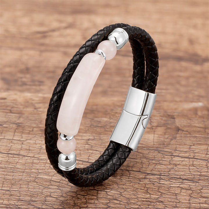 Bracelet porte-bonheur en cuir avec boucle magnétique et Buddha Stones, aventurine verte, œil de tigre, agate verte, onyx noir, hématite - Argent - Quartz rose - 18-22 cm - image 25