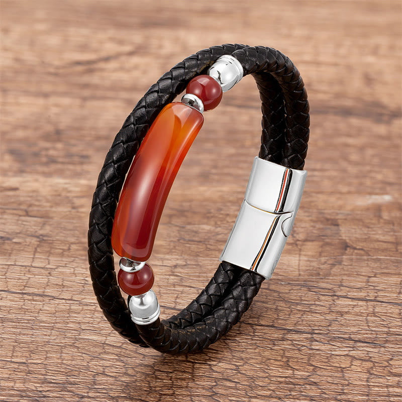 Bracelet porte-bonheur en cuir avec boucle magnétique et Buddha Stones, aventurine verte, œil de tigre, agate verte, onyx noir, hématite - Argent - Agate rouge - 18-22 cm - image 27