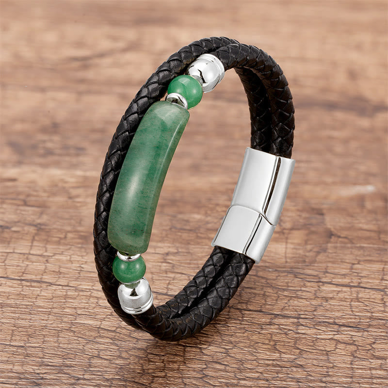 Bracelet porte-bonheur en cuir avec boucle magnétique et Buddha Stones, aventurine verte, œil de tigre, agate verte, onyx noir, hématite - Argent - Aventurine verte - 18-22 cm - image 1