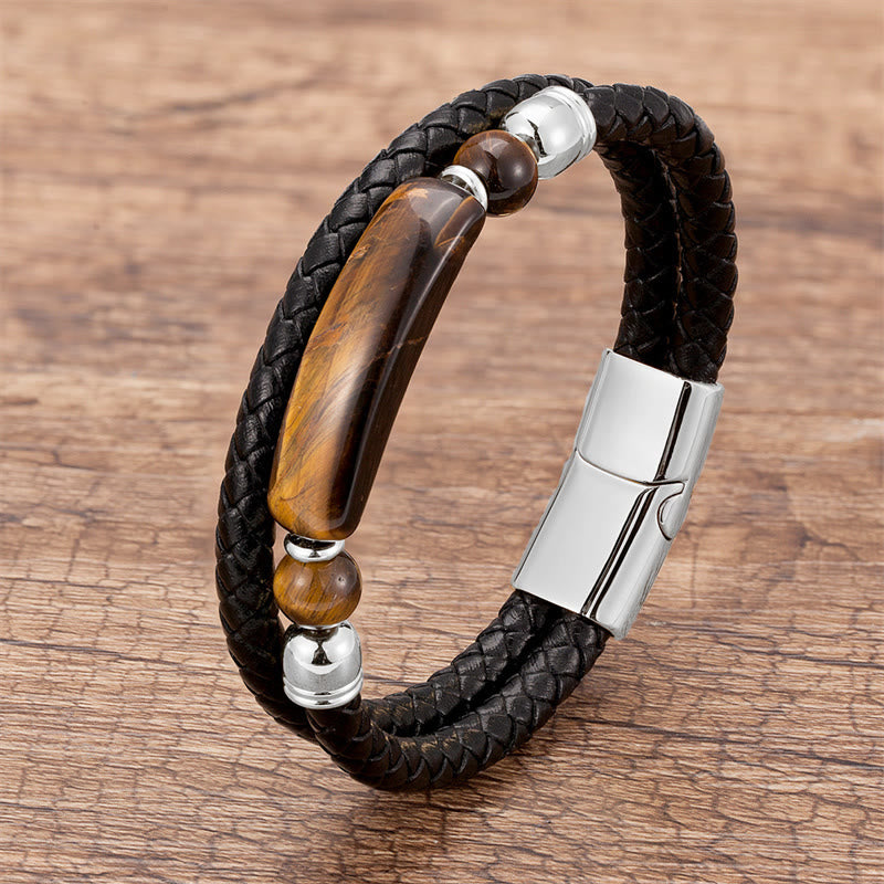 Bracelet porte-bonheur en cuir avec boucle magnétique et Buddha Stones, aventurine verte, œil de tigre, agate verte, onyx noir, hématite - Argent - Œil de tigre - 18-22 cm - image 5