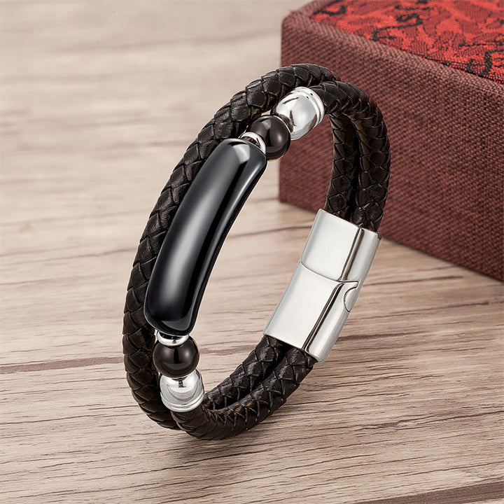 Bracelet porte-bonheur en cuir avec boucle magnétique et Buddha Stones, aventurine verte, œil de tigre, agate verte, onyx noir, hématite - Argent - Onyx noir - 18-22 cm - image 12