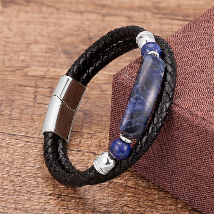 Bracelet porte-bonheur en cuir avec boucle magnétique et Buddha Stones, aventurine verte, œil de tigre, agate verte, onyx noir, hématite - Argent - Lazurite - 18-22 cm - image 22
