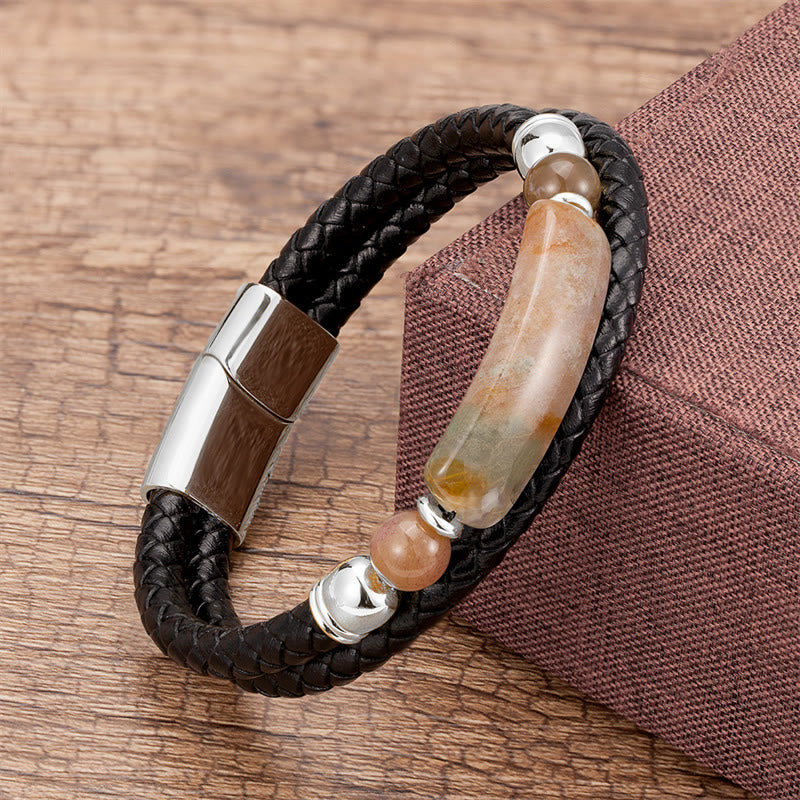 Bracelet porte-bonheur en cuir avec boucle magnétique et Buddha Stones, aventurine verte, œil de tigre, agate verte, onyx noir, hématite - Argent - Agate - 18-22 cm - image 8