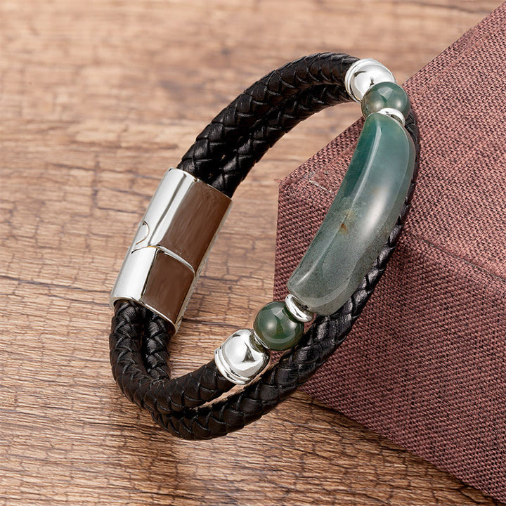 Bracelet porte-bonheur en cuir avec boucle magnétique et Buddha Stones, aventurine verte, œil de tigre, agate verte, onyx noir, hématite - Argent - Agate verte - 18-22 cm - image 15