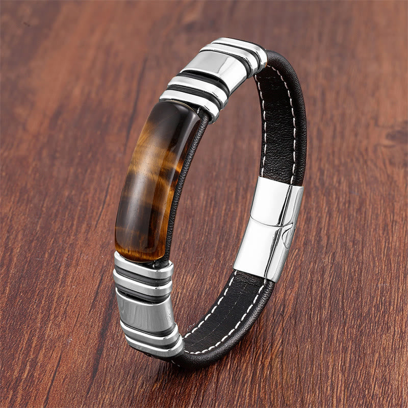 Bracelet en cuir avec boucle en pierre œil de tigre et Buddha Stones - Œil de tigre-argent - 18-22 cm - image 2