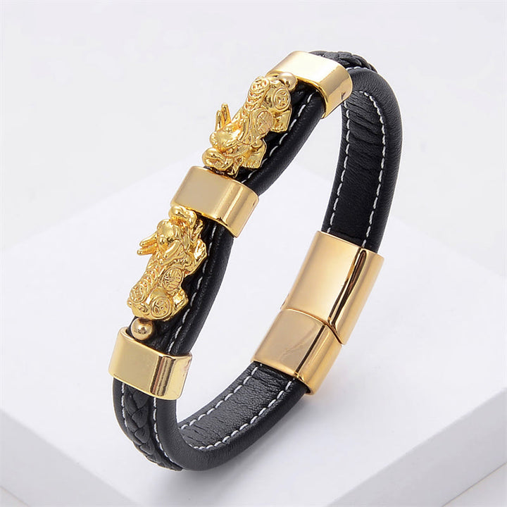 Bracelet en cuir avec boucle magnétique double PiXiu et Buddha Stones - PiXiu d'or - 18-22 cm - image 1