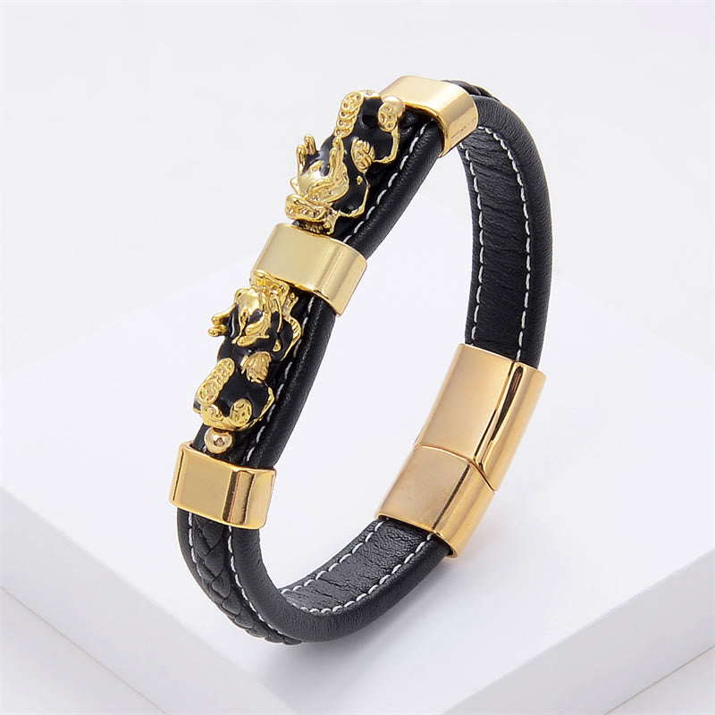 Bracelet en cuir avec boucle magnétique double PiXiu et Buddha Stones - PiXiu en or noir - 18-22 cm - image 2