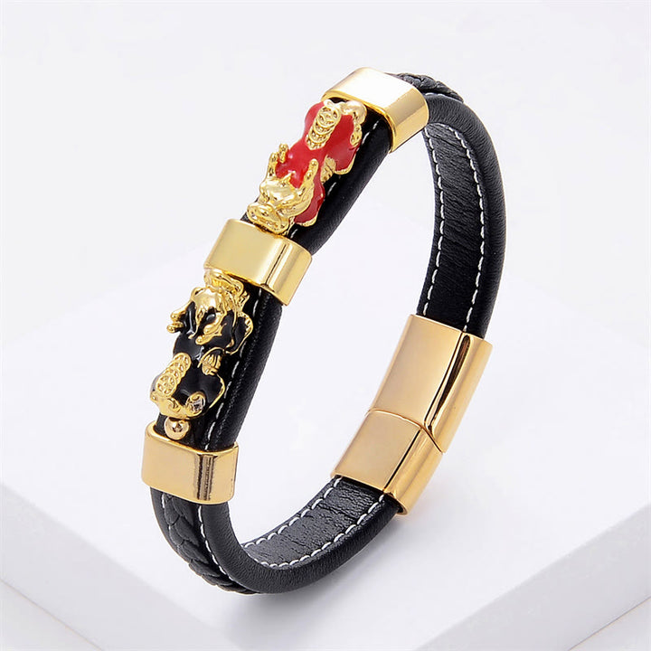 Bracelet en cuir avec boucle magnétique double PiXiu et Buddha Stones - PiXiu rouge et noir - 18-22 cm - image 4