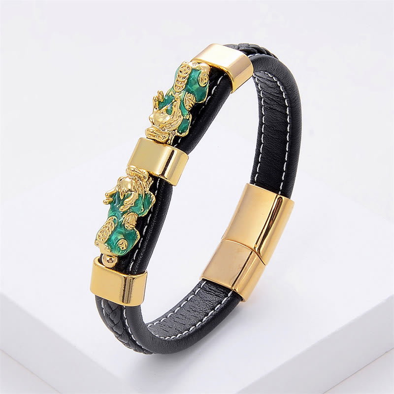 Bracelet en cuir avec boucle magnétique double PiXiu et Buddha Stones - PiXiu vert - 18-22 cm - image 3