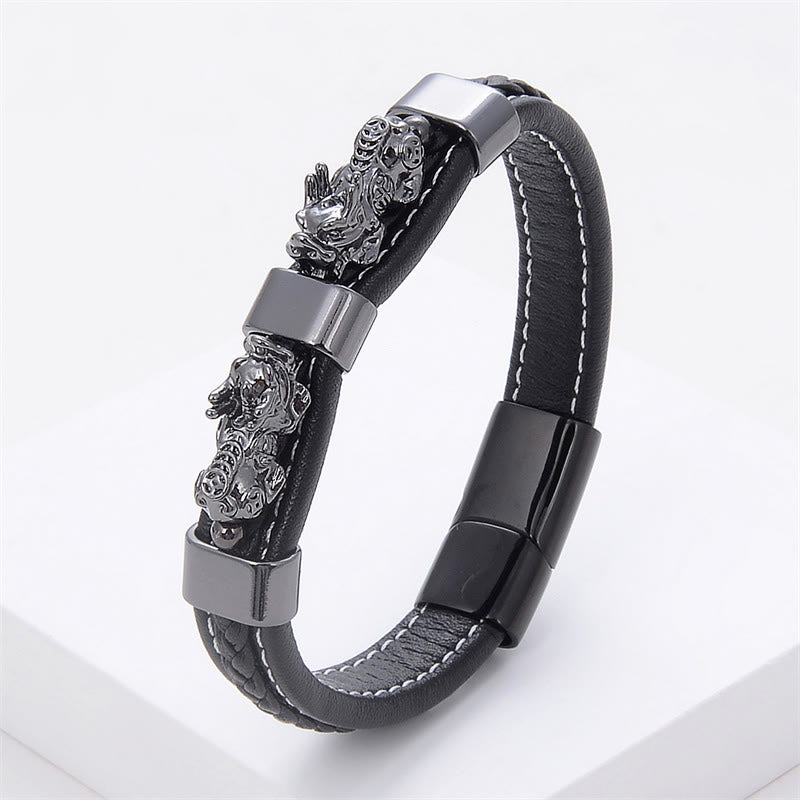 Bracelet en cuir avec boucle magnétique double PiXiu et Buddha Stones - PiXiu noir et gris - 18-22 cm - image 10