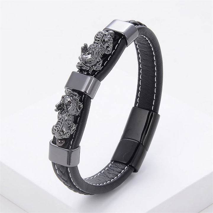Bracelet en cuir avec boucle magnétique double PiXiu et Buddha Stones - PiXiu noir et gris - 18-22 cm - image 10