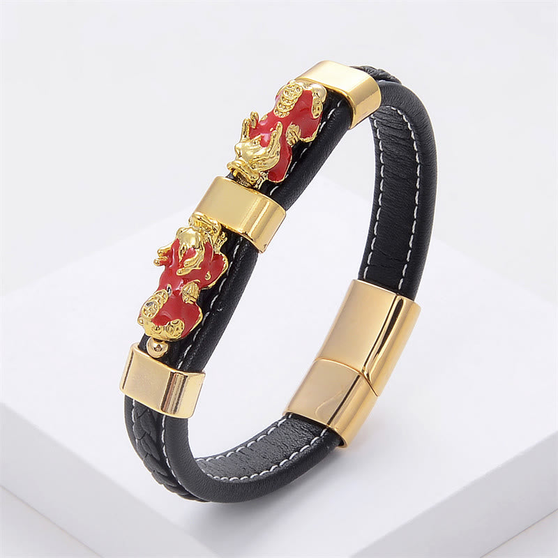 Bracelet en cuir avec boucle magnétique double PiXiu et Buddha Stones - PiXiu rouge - 18-22 cm - image 8