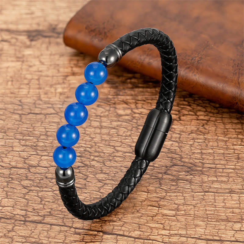 Bracelet de protection en cuir avec Buddha Stones, agate bleue, œil de tigre, roche de lave, onyx noir, lazurite et lapis-lazuli - Agate bleue - 18-22 cm - image 1