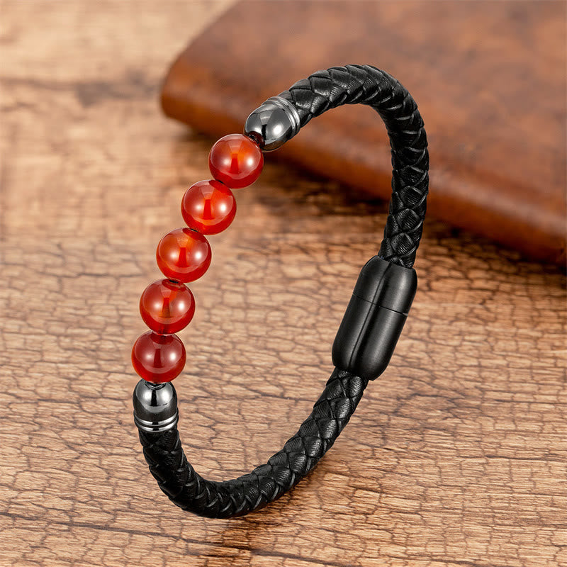 Bracelet en cuir de protection avec Buddha Stones, agate bleue, œil de tigre, pierre de lave, onyx noir, lazurite - Agate rouge - 18-22 cm - image 15