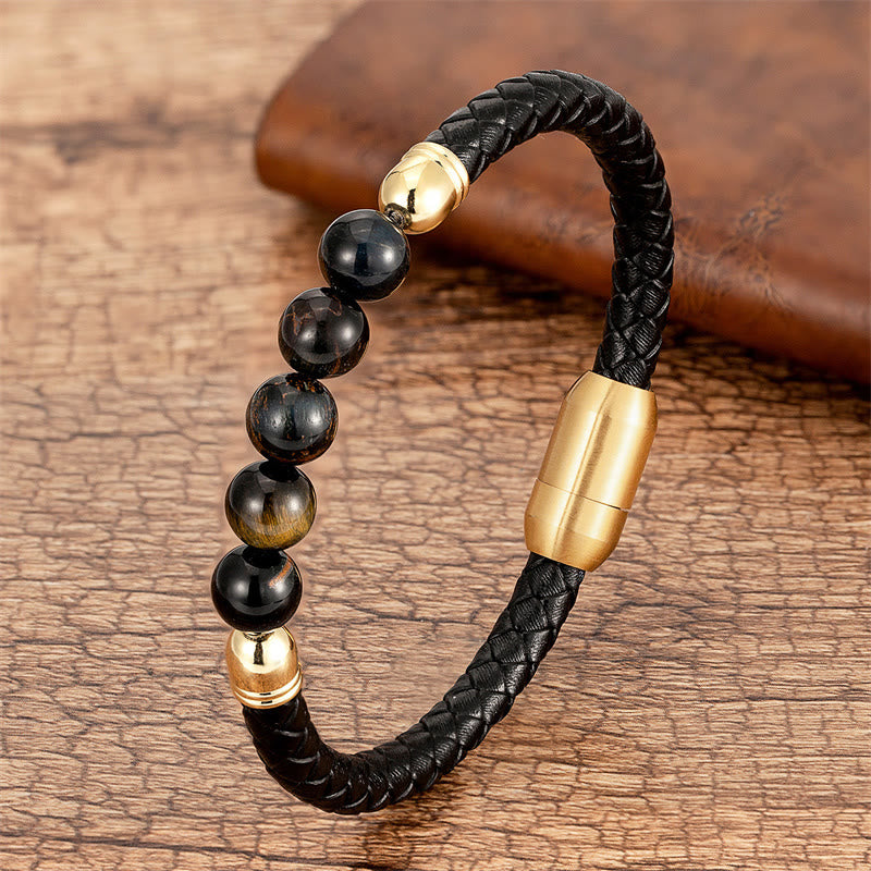 Bracelet de protection en cuir avec Buddha Stones, agate bleue, œil de tigre, roche de lave, onyx noir, lazurite et lapis-lazuli - Œil de tigre noir et jaune - 18-22 cm - image 18