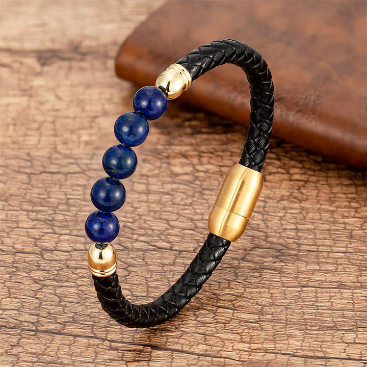 Bracelet en cuir de protection avec Buddha Stones, agate bleue, œil de tigre, pierre de lave, onyx noir, lazurite - Lazurite - 18-22 cm - image 20