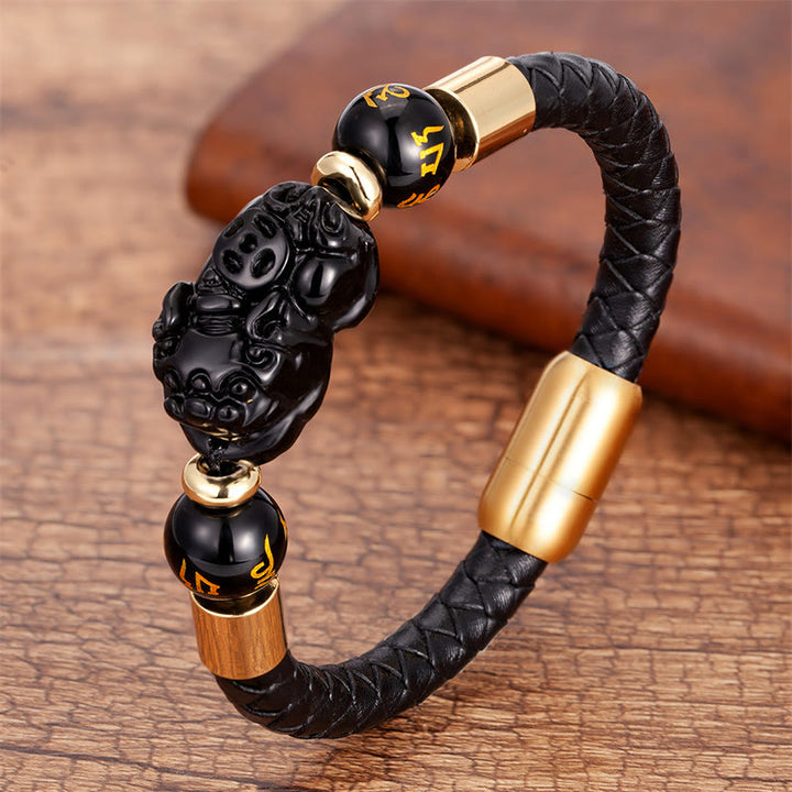 Bracelet en cuir avec Buddha Stones, œil de tigre, onyx noir, agate rouge, pièce de cuivre PiXiu, Om Mani Padme Hum - Onyx noir - 18-22 cm - image 6