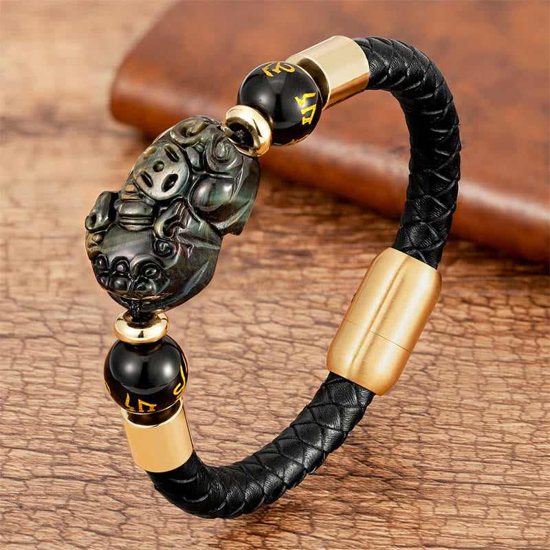 Bracelet en cuir avec Buddha Stones, œil de tigre, onyx noir, agate rouge, pièce de cuivre PiXiu, Om Mani Padme Hum - Agate - 18-22 cm - image 9